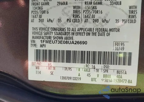 2008 Ford Explorer Xlt from USA, damaged, VIN 1FMEU73E08UA26690
